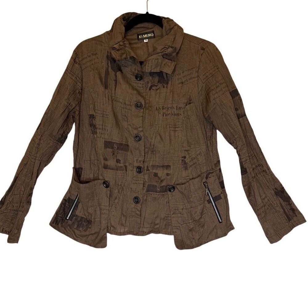 Ki Meng Brown & Black Newspaper Print Light Jacket Size S Art To Wear, Indie
